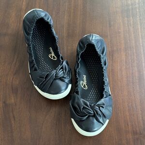 SUDINI OLGA LEATHER Flat Slip On Shoes 6.5 W BLACK + Arch Support Bow Appliqué